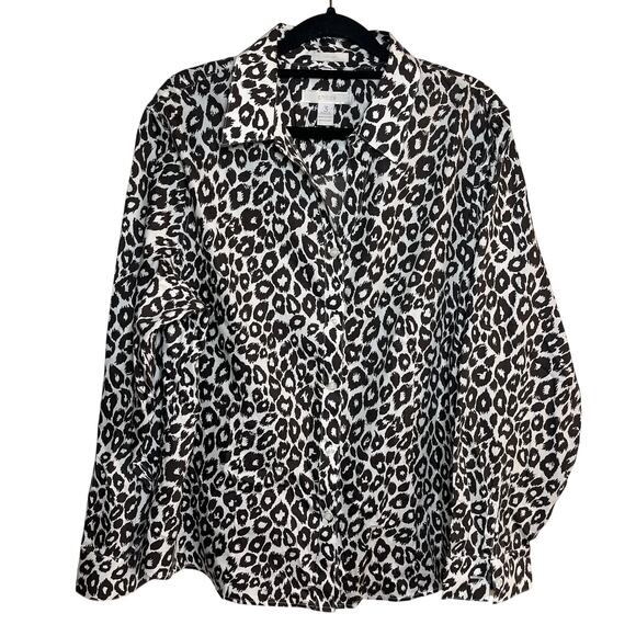 Chicos No Iron Cheetah Button‎ Up Blouse Brown White Size 3 / XL Leopard Office - Picture 1 of 7